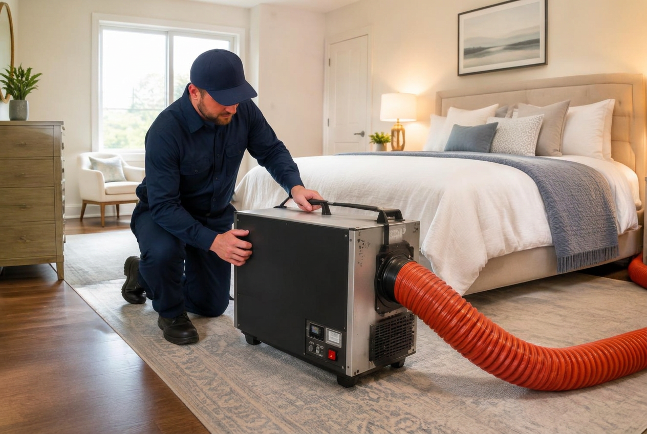 Thermastrike technician setting up heat treatment equipment in a bedroom