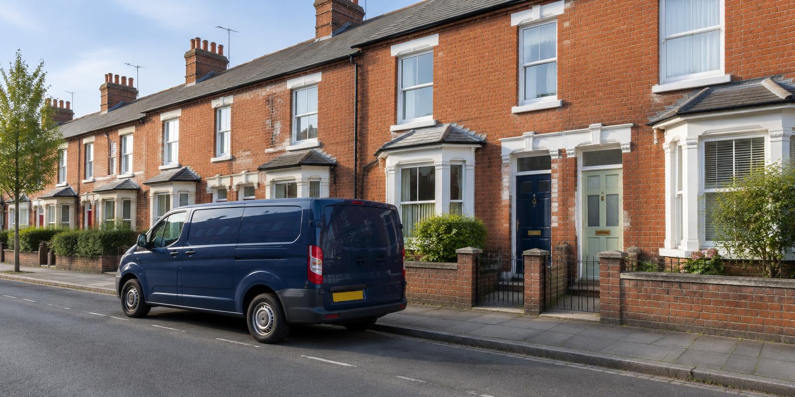 Residential street with a service van