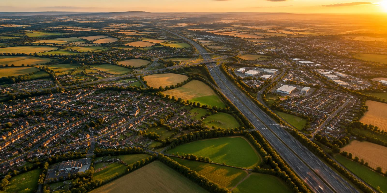 Aerial view of English towns and countryside