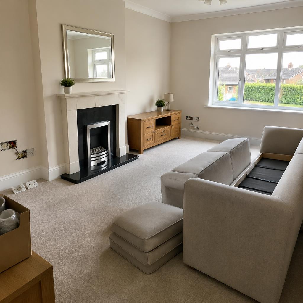 Living room prepared for heat treatment with sockets open and cushions removed